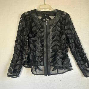 Colleen Lopez Black Faux Leather 3D Leaf Mesh Zip Front Jacket nature Womens M
